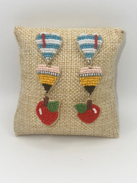 Beaded Paper Pencil Apple 3 tier earrings